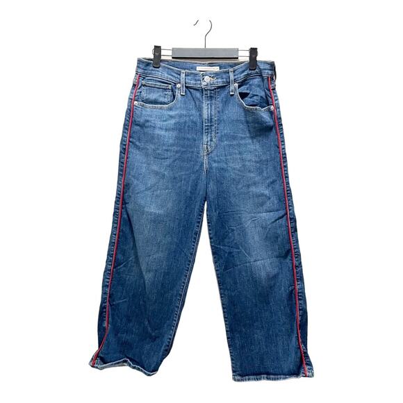 Levi's Mile High Cropped Wide Leg Denim Jeans Size 30 Dark Wash Red Stripe - Picture 3 of 11